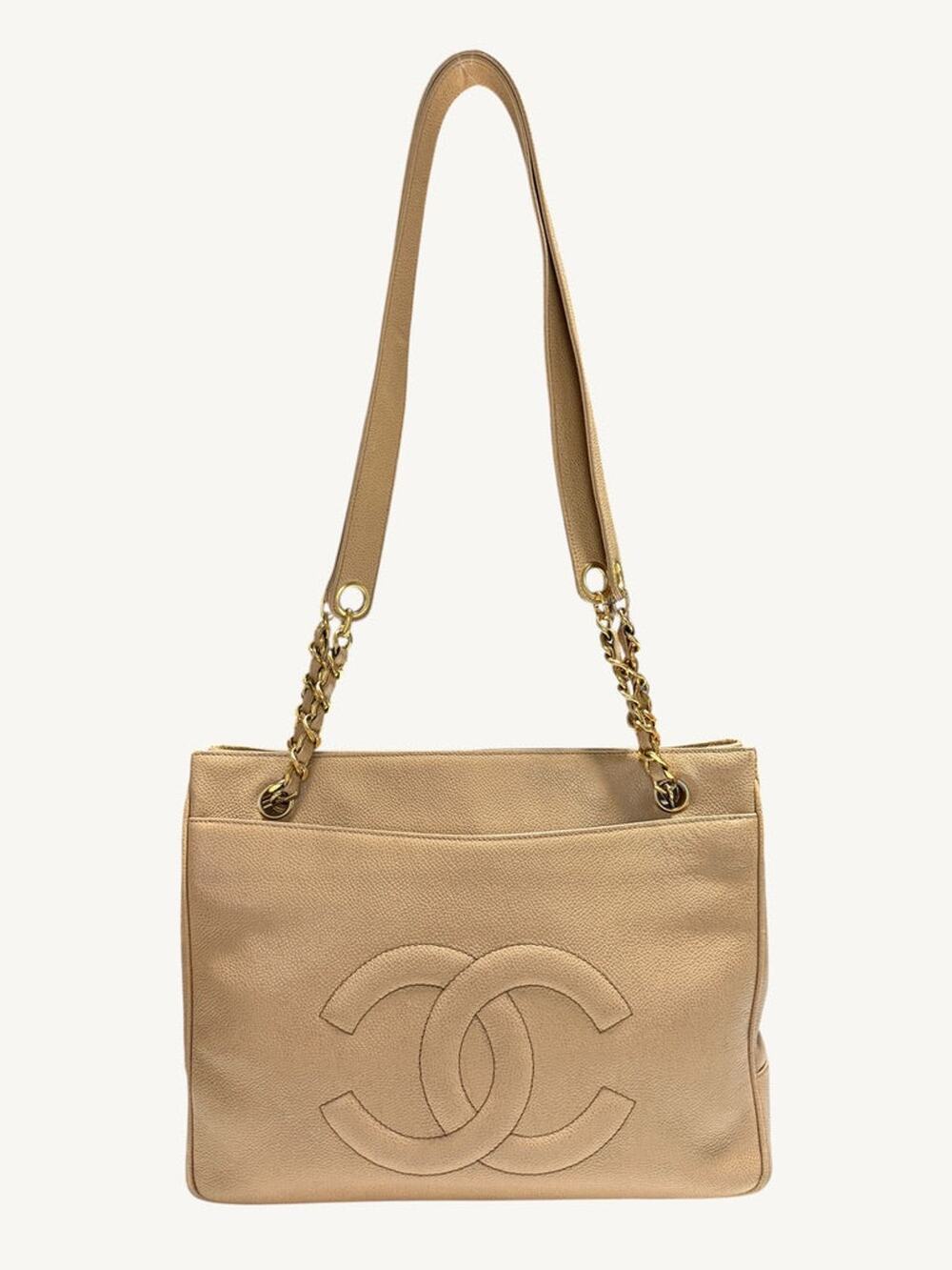 Chanel Vintage Beige Caviar Timeless CC Double Pocket Chain Tote Shoulder Bag